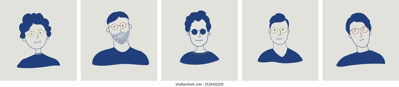set of hand rawn faces of man in glasses (vector, editable) 
