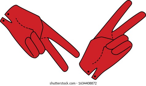 Set Hand in red glove with two extended fingers. Sign. Vector linear silhouette illustration.