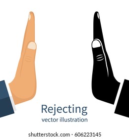 Set of hand rejection gestures. Flat style and black silhouette, isolated on white background. Template of design. Pictogram hand. Vector illustration. No sign.