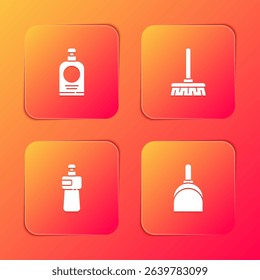 Set Hand sanitizer bottle, Handle broom, Dishwashing liquid and Dustpan icon. Vector