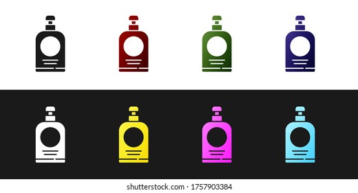 Ajuste el icono del frasco del limpiador de manos aislado sobre fondo blanco y negro. Concepto de desinfección. Gel de lavado. Botella de alcohol para higiene. Ilustración vectorial