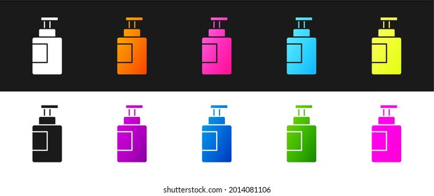 Set Hand Sanitizer Flasche Symbol einzeln auf schwarz-weißem Hintergrund. Desinfektionskonzept. Waschgel. Alkoholflasche für Hygiene.  Vektorgrafik