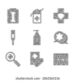 Set Hand sanitizer bottle, Medical prescription, Pills in blister pack, Dialogue with the doctor, Magnifying glass for search medical, digital thermometer, Heart cross and X-ray shots icon. Vector