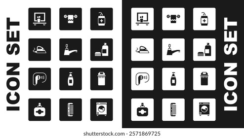 Set Hand sanitizer bottle, Water tap, Electric iron, Washbasin mirror, Bottle of shampoo, Towel hanger, Trash can and Shower icon. Vector