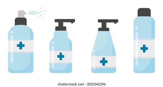 Set of hand sanitizer bottles, washing gel, spray, liquid soap. Personal protective equipment. Sanitizer to prevent colds, virus, Coronavirus, flu. 