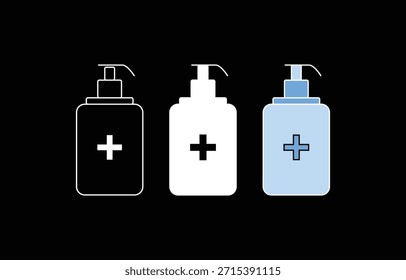 Conjunto de ícones da garrafa da bomba do desinfetante da mão em contorno, branco liso e estilos azuis para a higiene e conceitos médicos do desinfetante