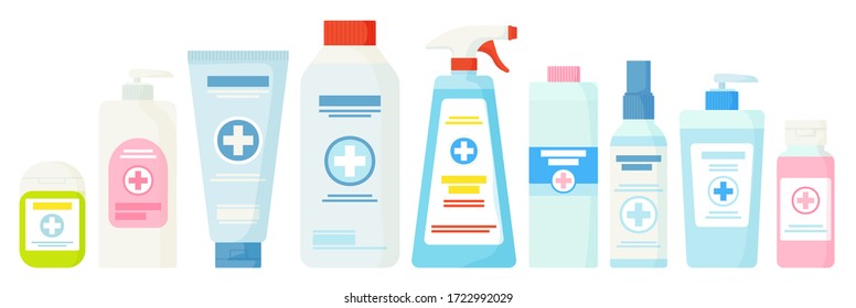 Set of hand sanitizer such as lotion,dispencer,cream,spray, gel.Hygiene,health, clean hands,medical concept. Can be used for web,app,UI. Stock vector illustration isolated on white background in flat