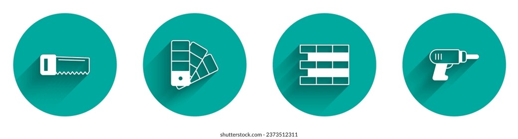 Set Hand saw, Color palette guide, Bricks and Electric drill machine icon with long shadow. Vector