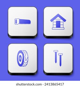 Set Hand saw, Dog house, Tree ring and Metallic nails icon. Botón cuadrado blanco. Vector