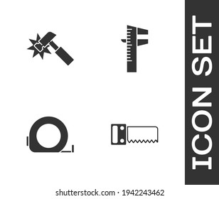 Set Hand Säge, Hammer, Roulette-Konstruktion und Kaliber-oder Kaliber-Skala-Symbol. Vektorgrafik