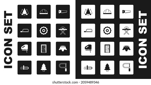 Set Hand Saw, Ircular Blade, Hacksaw, Christmas Tree, Electric Circular, Worker Safety Helmet, Tree Stump And Jigsaw Icon. Vector