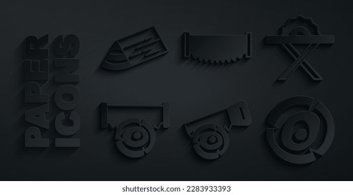 Set Hand saw and log, Electric circular, Two-handed, Wooden logs,  and beam icon. Vector