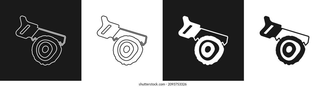 Set Hand saw and log icon isolated on black and white background.  Vector
