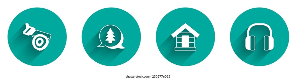 Set Hand saw and log, Tree, Dog house and Headphones icon with long shadow. Vector