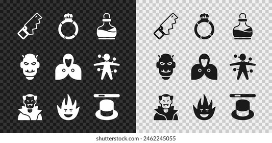 Set Hand saw, Magic stone ring with gem, Bottle potion, Vampire, Fire flame, hat wand, Mask of the devil horns and Mantle, cloak, cape icon. Vector