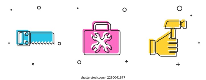 Set Hand saw, Toolbox and Hammer icon. Vector