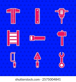 Set Hand saw, Trowel, Wrench spanner, Hammer, Hacksaw, Wooden staircase, Electric rotary hammer drill and T-square line icon. Vector