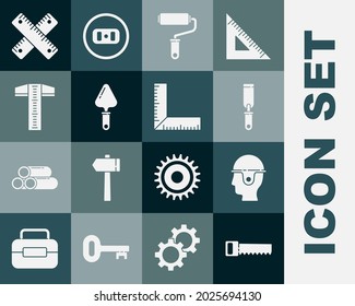Set Hand saw, Worker safety helmet, Rasp metal file, Paint roller brush, Trowel, T-square line, Crossed ruler and Corner icon. Vector