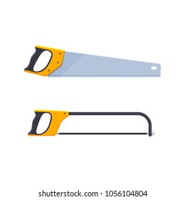 Set of hand saws designed for wood, and saws for metal. Tools carpenter, for repair, construction, woodworking, sawing on a part of wooden structures and products. Vector illustration isolated.