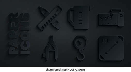 Set Hand scale spring mechanical, Measuring instrument, Drawing compass, Diagonal measuring, cup and Crossed ruler pencil icon. Vector