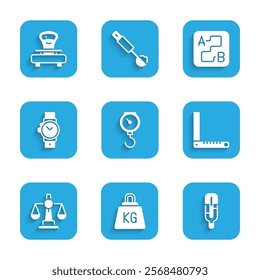 Set Hand scale spring mechanical, Weight, Medical thermometer, Corner ruler, Scales of justice, Wrist watch, Route location and  icon. Vector