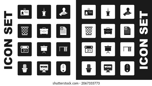 Set Hand for search a people, Briefcase, Trash can, Identification badge, Resume, Push pin, Office desk and Calendar icon. Vector