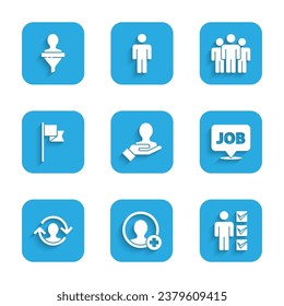 Set Hand für die Suche nach einem Menschen, Erstellen Sie Account-Bildschirm, Benutzer des Menschen in Business Anzug, Sprache Blase mit Arbeit, Humanressourcen, Standort Marker, Benutzer Gruppe und Kopf Jagd Symbol. Vektorgrafik