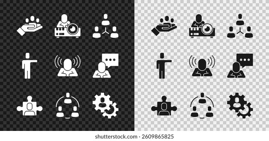 Set Hand for search a people, Media projector, Project team base, Head hunting,  and  icon. Vector