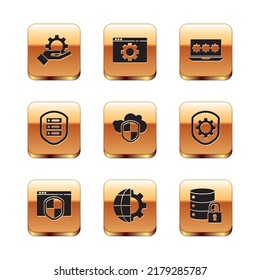 Set Hand settings gear, Browser with shield, Globe of the Earth, Cloud, Server, Laptop password, security lock and  icon. Vector
