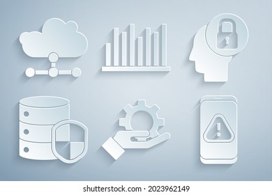 Set Hand settings gear, Human head with lock, Server shield, Mobile exclamation mark, Pie chart infographic and Network cloud connection icon. Vector