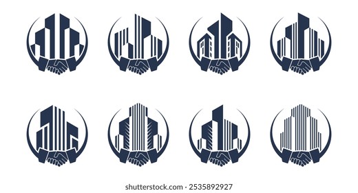SET agitación de la mano y construcción de la línea abstracta del Vector del logotipo de arte
