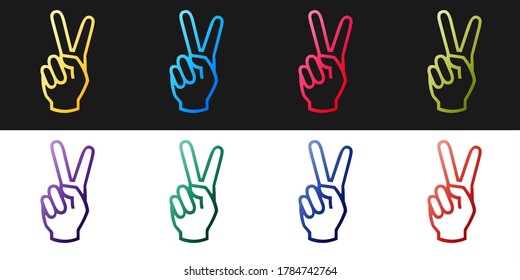 Establecer mano que muestra el icono de dos dedos aislado en fondo blanco y negro. Señal de la mano de la victoria. Vector.