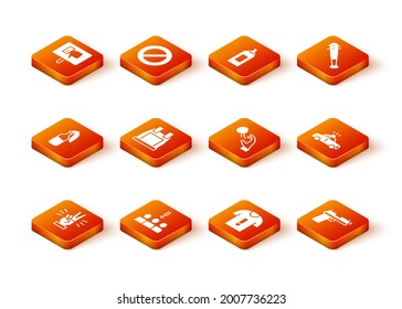 Set Hand showing two finger, Crowd protest, Cocktail molotov, Bulletproof vest, T-shirt, Hooligan shooting stones, Pistol or gun and Police car flasher icon. Vector