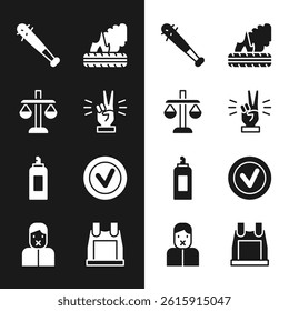 Set Hand showing two finger, Scales of justice, Baseball bat with nails, Lying burning tires, Paint spray can, Check mark round, Bulletproof vest and Censor freedom speech icon. Vector