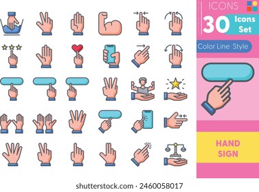 Set of Hand Sign Colorline icons in linear style. User opinion and survey. Color line icon collection. Conceptual pictogram and infographic.