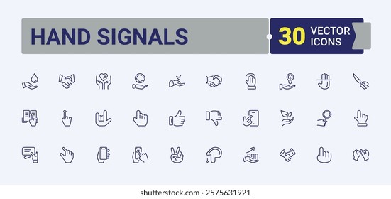 Set of Hand Signals line icons. Includes thin line clapping, help, technology, like, pinch. Thin outline icons pack. Editable stroke. Vector illustration.