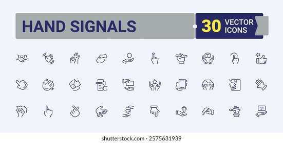 Set of Hand Signals line icons. Includes thin line clapping, help, technology, like, pinch. Thin outline icons pack. Editable stroke. Vector illustration.