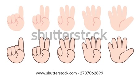 Set of hand signals showing numbers one to five in two style