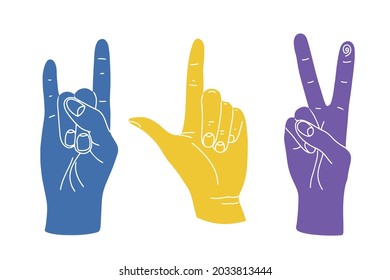 Set of hand signs - rock on, peace sign, victory sign. Hand gestures in bright colors vector icon illustrations