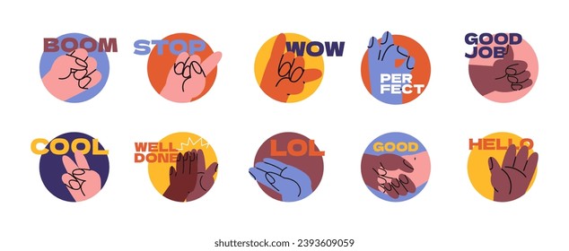 Set hand signs and symbols. Communication and assessment stickers. Good job, ok, super,wow. Stickers in retro style. Cartoon hand drawn abstract comic.Vector illustration