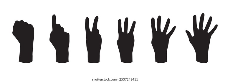 Satz von Hand Silhouette Symbol. Hand erreichen Silhouette, erhobene Hände, Einheit, Menge, Feier. Handgesten Silhouetten Sammlung. Satz von verschiedenen Handgesten.