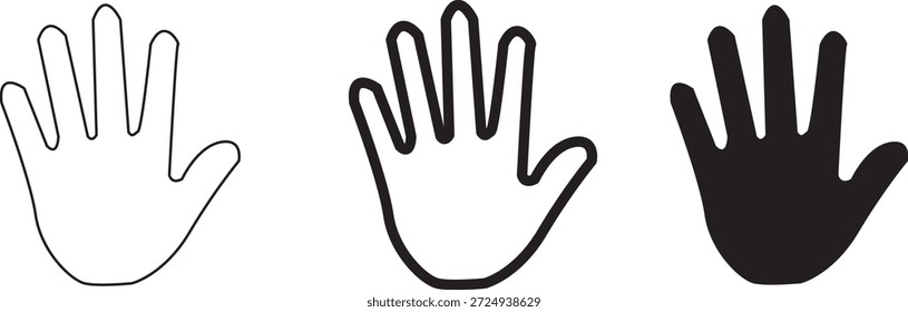 Satz von Hand Silhouette Vektorsymbole in Umriss und Solid Styles. Einfache menschliche Handsymbole einzeln auf weißem Hintergrund. Ideal für Web-, App-, UI-, Gesten-, Instruktions- und Grafikdesign-Anwendungen.