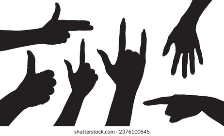 set of hand silhouettes isolated on white, Human hand gestures, collection of black hands, flat, silhouette hands pose collection, Vector illustration.