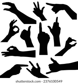 set of hand silhouettes isolated on white, Human hand gestures, collection of black hands, flat, silhouette hands pose collection, Vector illustration.