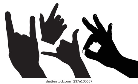 set of hand silhouettes isolated on white, Human hand gestures, collection of black hands, flat, silhouette hands pose collection, Vector illustration.