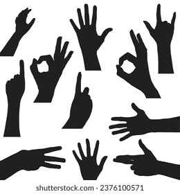 set of hand silhouettes isolated on white, Human hand gestures, collection of black hands, flat, silhouette hands pose collection, Vector illustration.