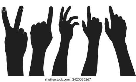 set of hand silhouettes isolated on white, Vector collection of human hands of different gestures, hands gesturing black, Black hands silhouettes, vector illustration