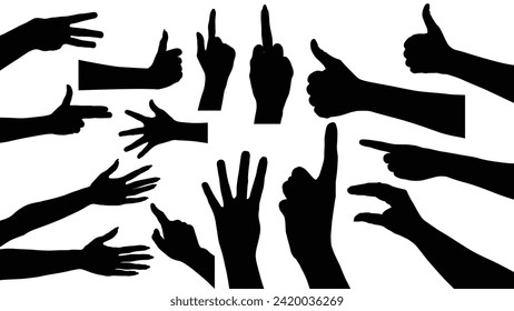 set of hand silhouettes isolated on white, Vector collection of human hands of different gestures, hands gesturing black, Black hands silhouettes, vector illustration
