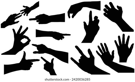 set of hand silhouettes isolated on white, Vector collection of human hands of different gestures, hands gesturing black, Black hands silhouettes, vector illustration