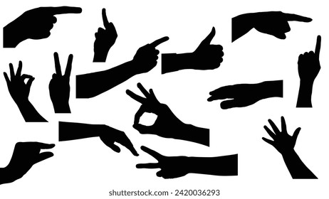 set of hand silhouettes isolated on white, Vector collection of human hands of different gestures, hands gesturing black, Black hands silhouettes, vector illustration